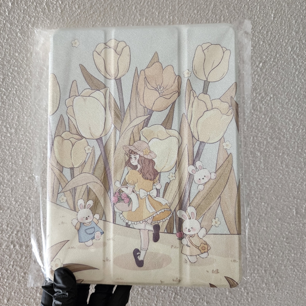 Floral cottagecore trail tulip bunny girl picking flower ipad case 2 way stands